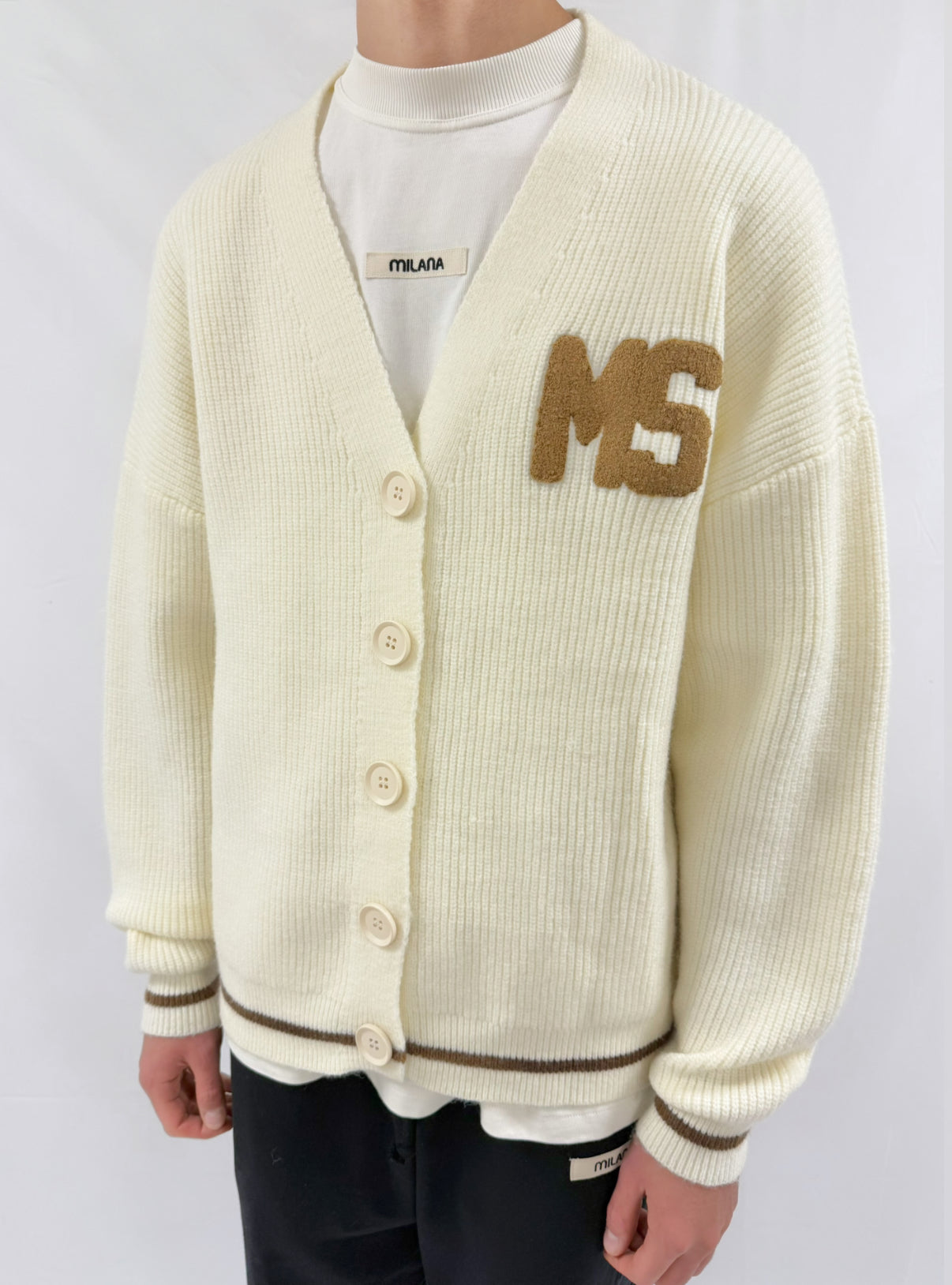 Cream MS Heavyweight Knitted Cardigan.