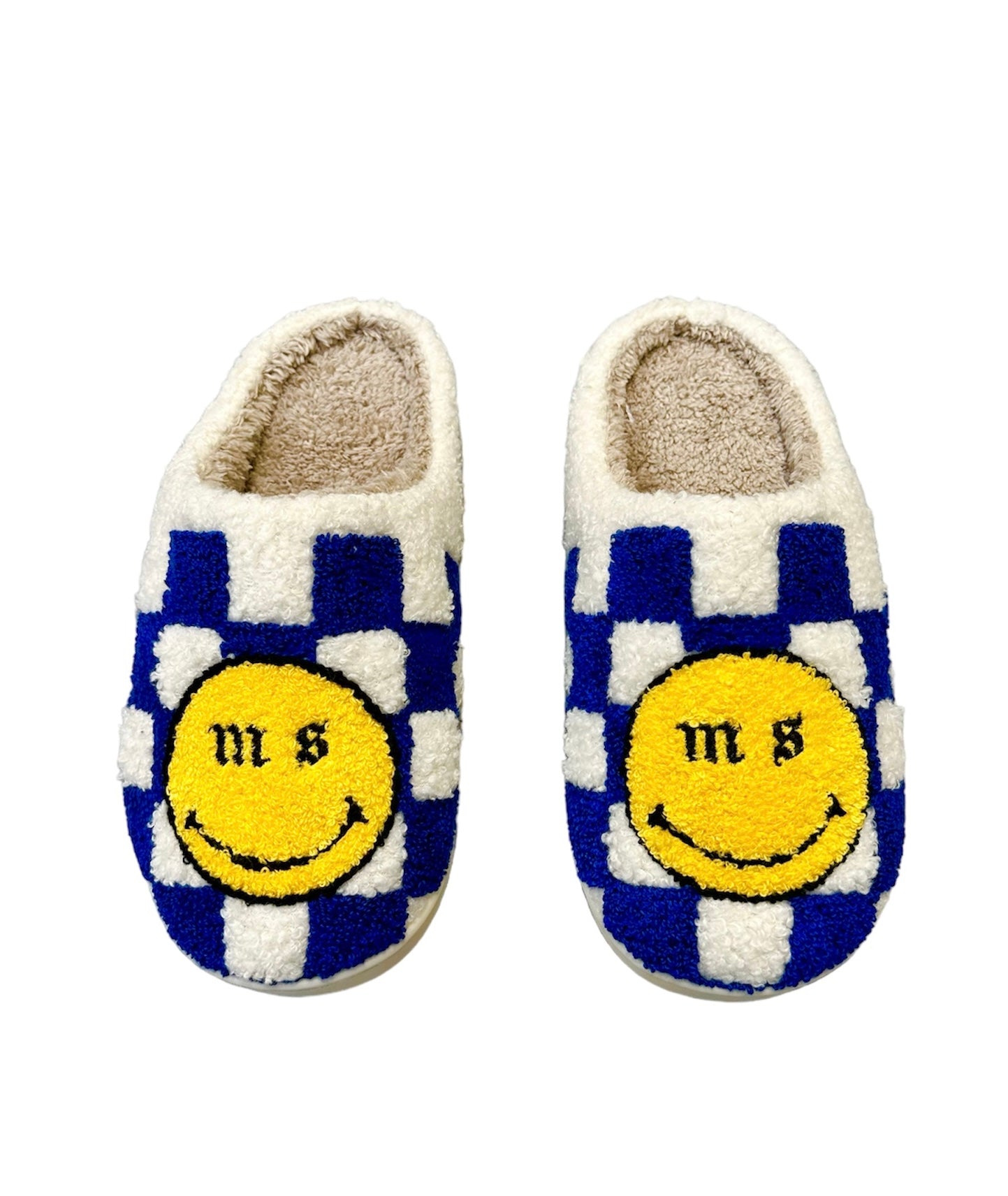 Cobalt Check Smiley slippers.