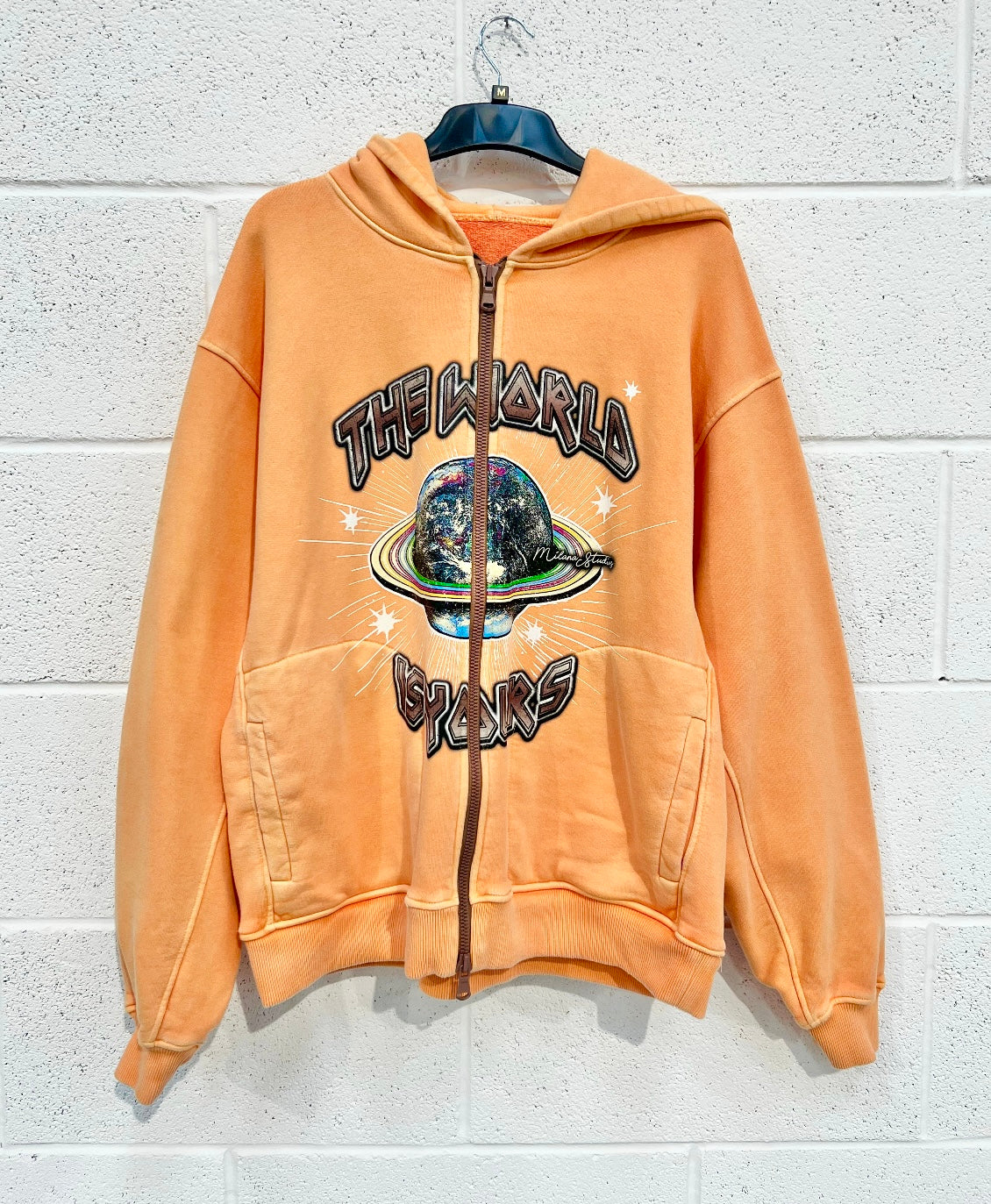 #F8 Washed Orange Planet Heavyweight Zip Up Hoodie.