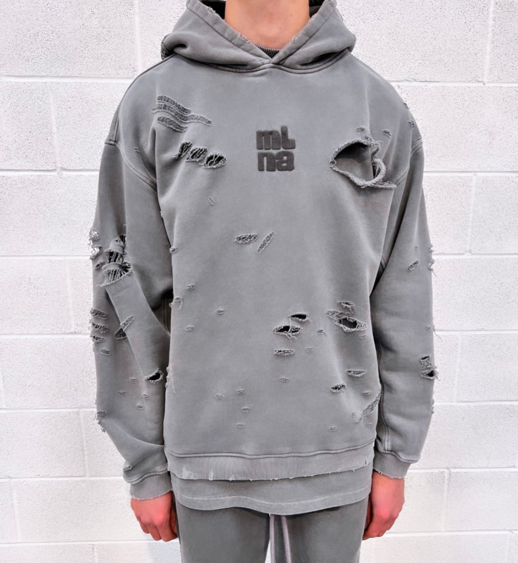 Washed Charcoal Heavyweight Distressed Hoodie.