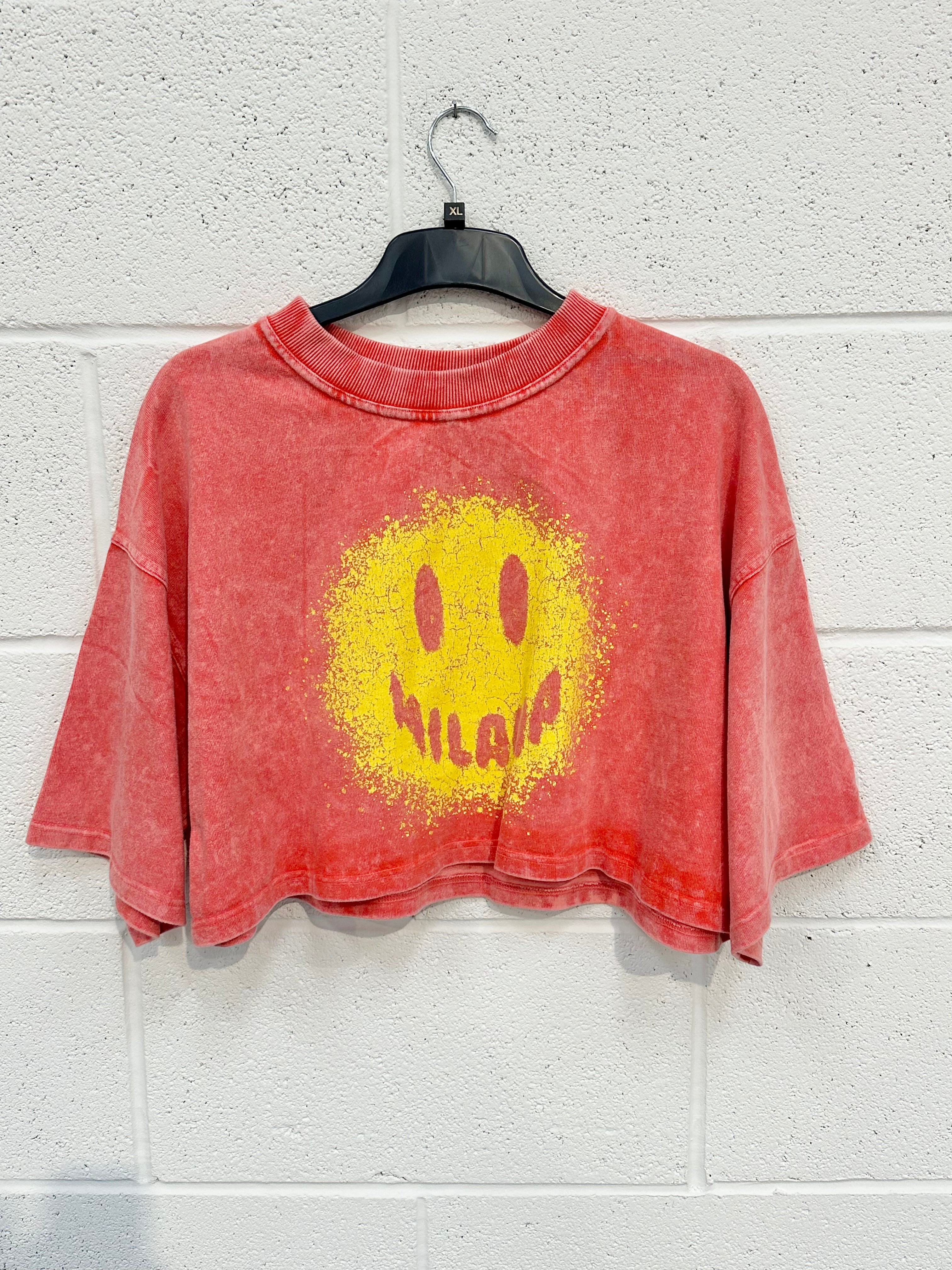 #P12 Washed Red Smiley Cropped Heavyweight T-shirt.