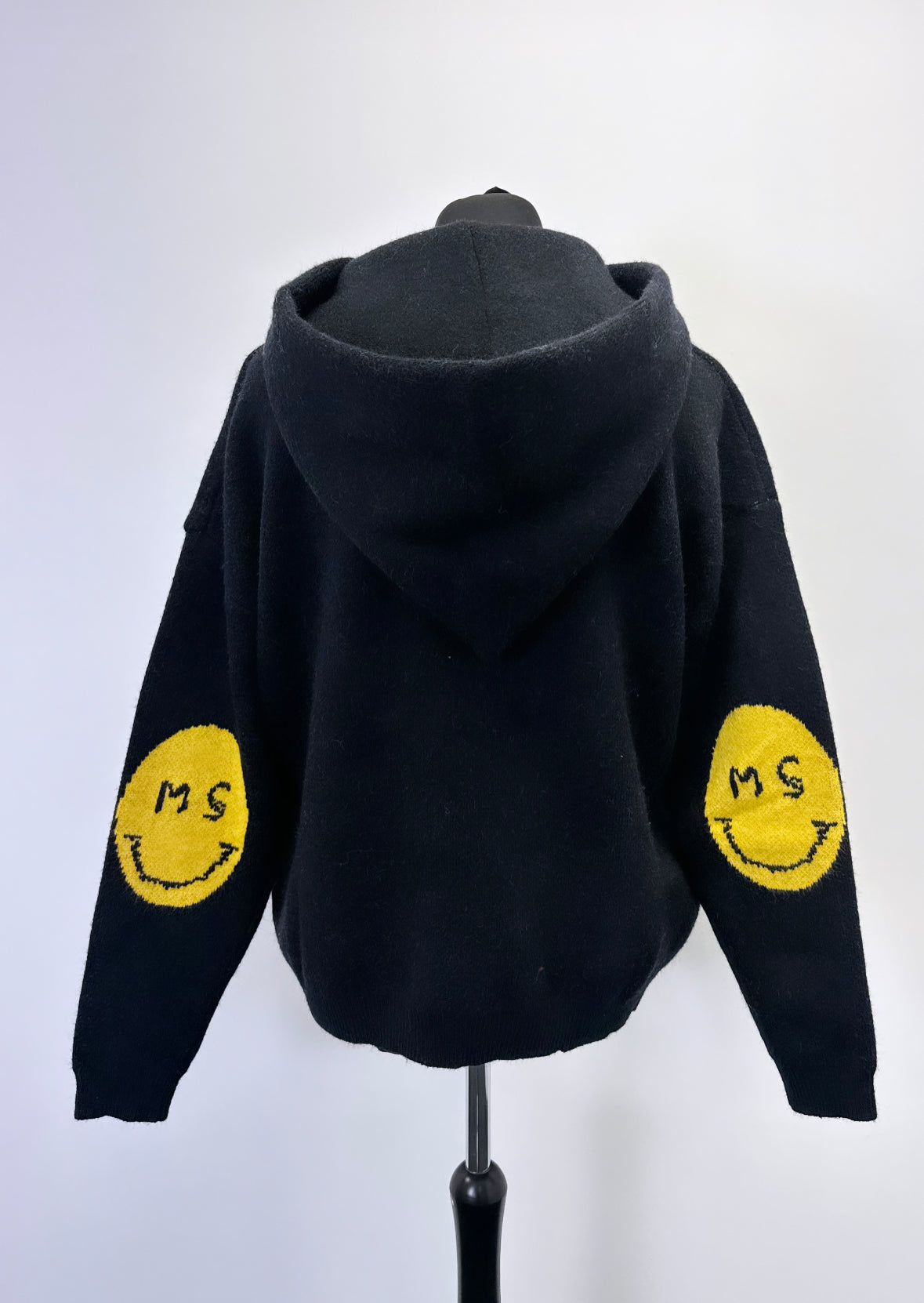 Black Smiley Patch Heavyweight Knit Hoodie.