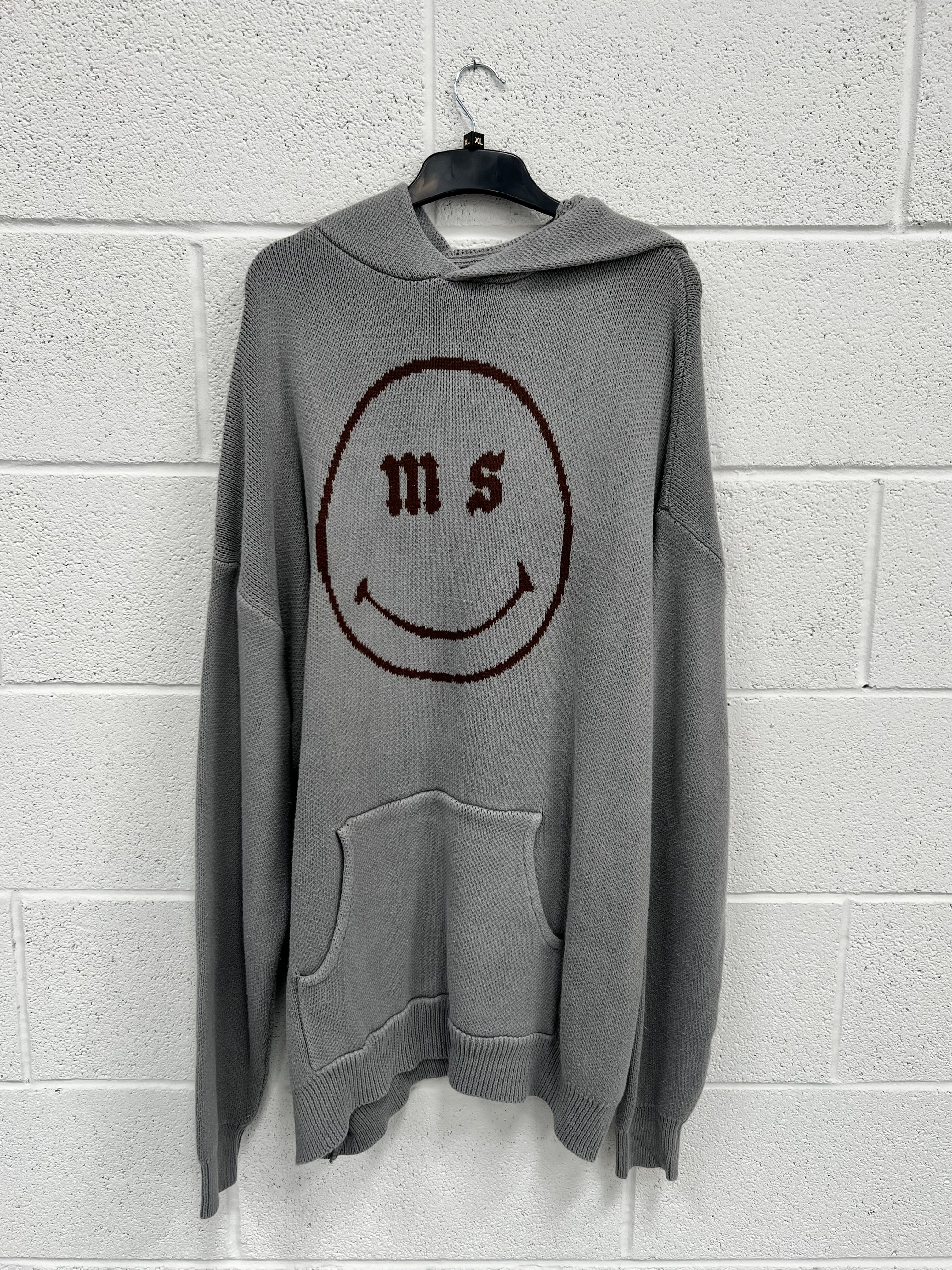 #B16 Ash Grey Smiley Knitted Hoodie.