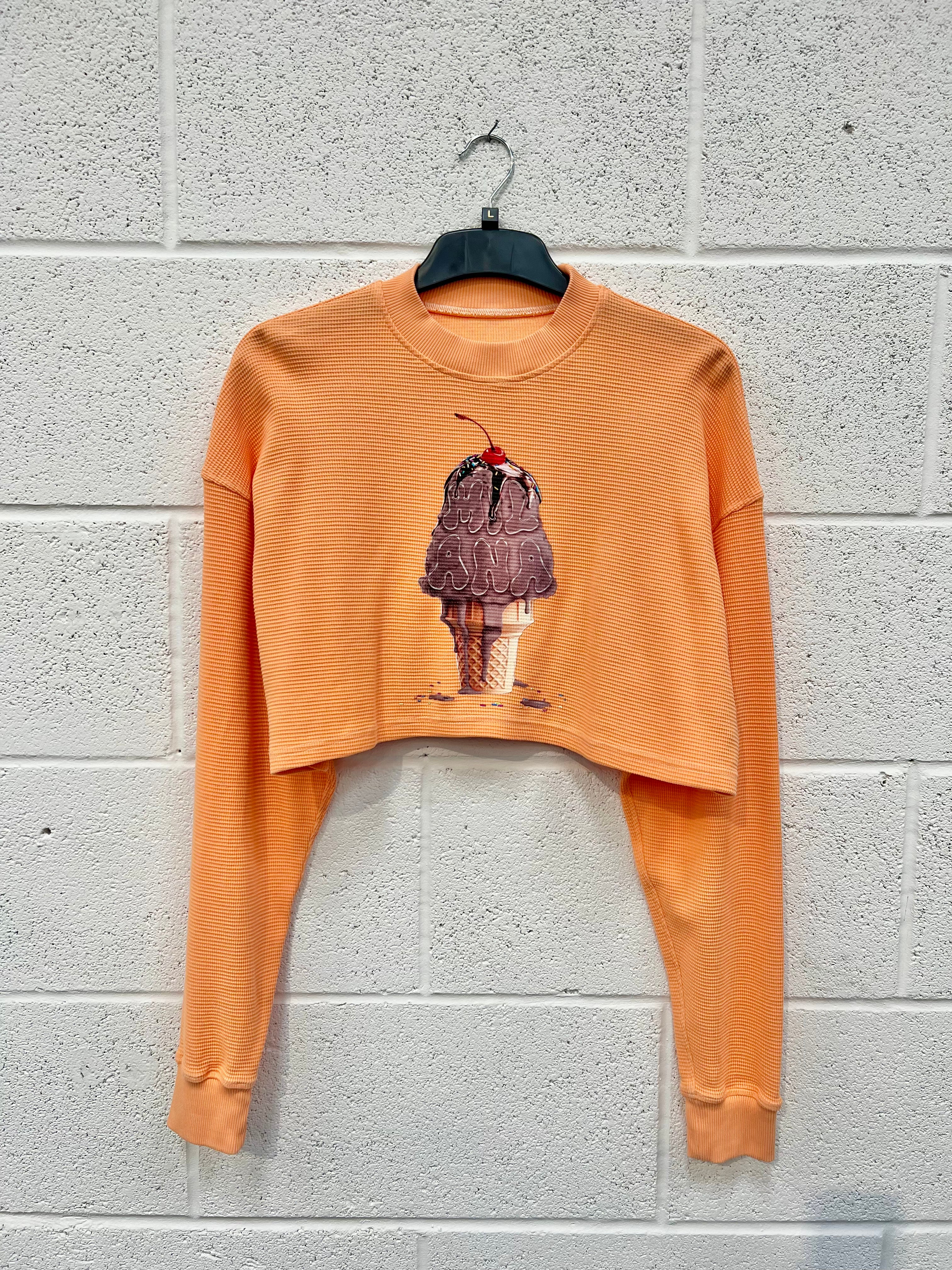 #CC37 Washed Orange Ice Cream Waffle Cropped Heavyweight Long Sleeve.