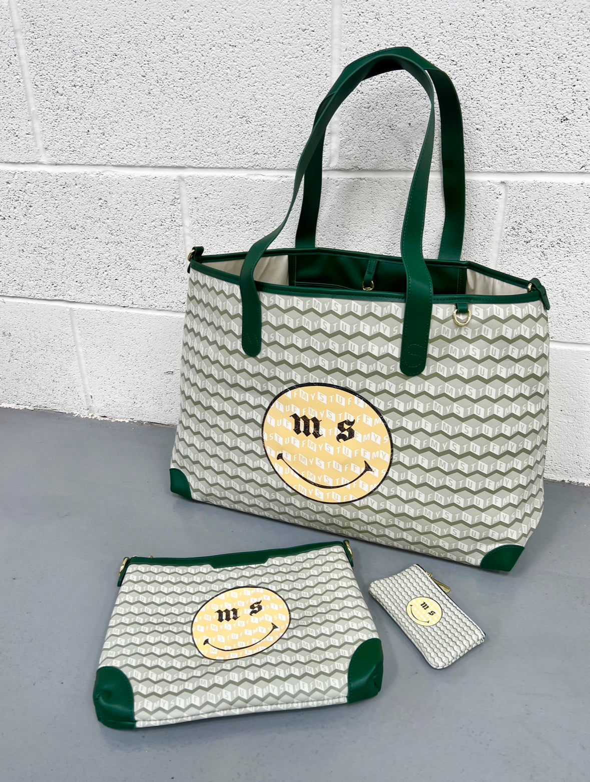 Matcha Green Smiley Leather Tote Bag - 3 Piece.