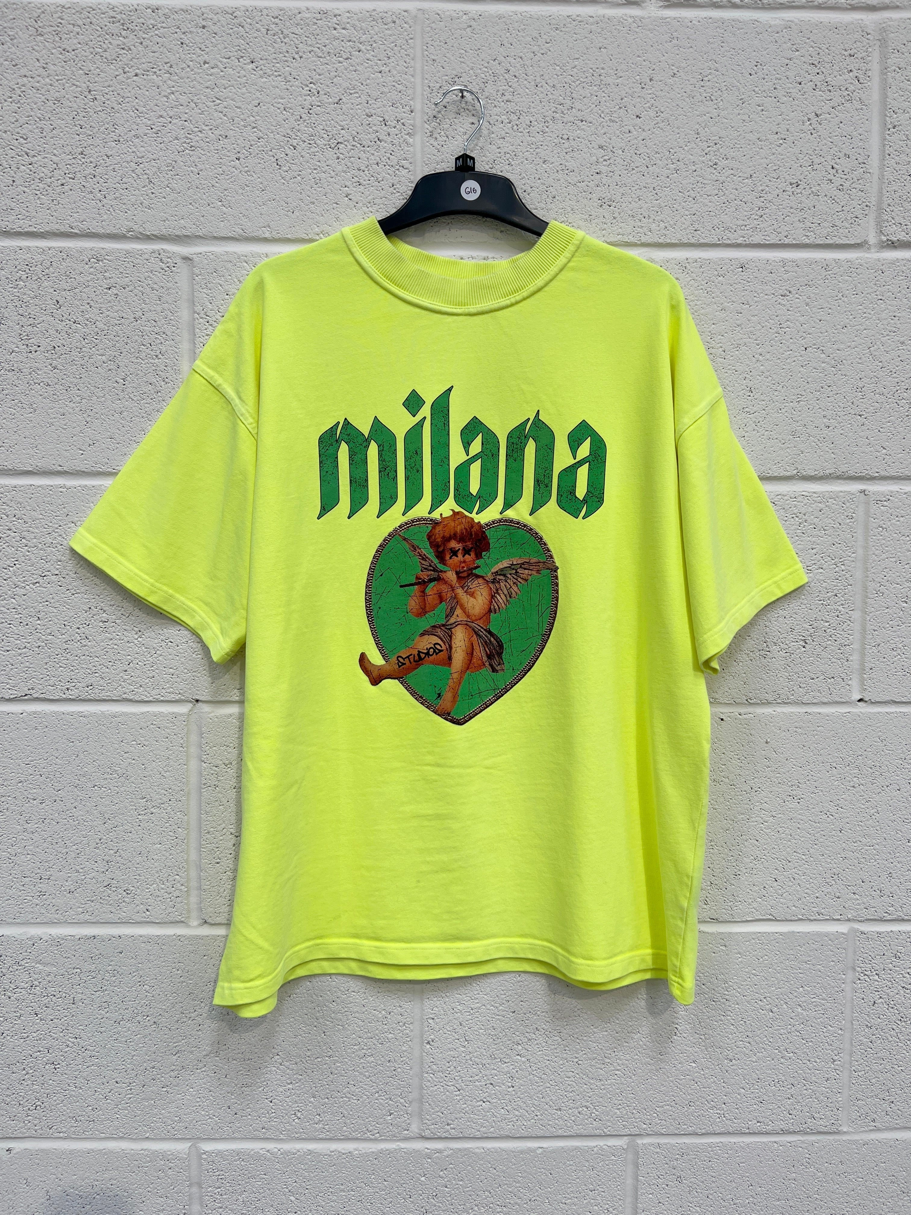 #G16 Washed Neon Yellow Green Cherub Heavyweight T-shirt.