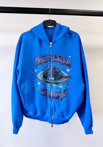 Washed Cobalt Planet Multi Colour Zip Hoodie.