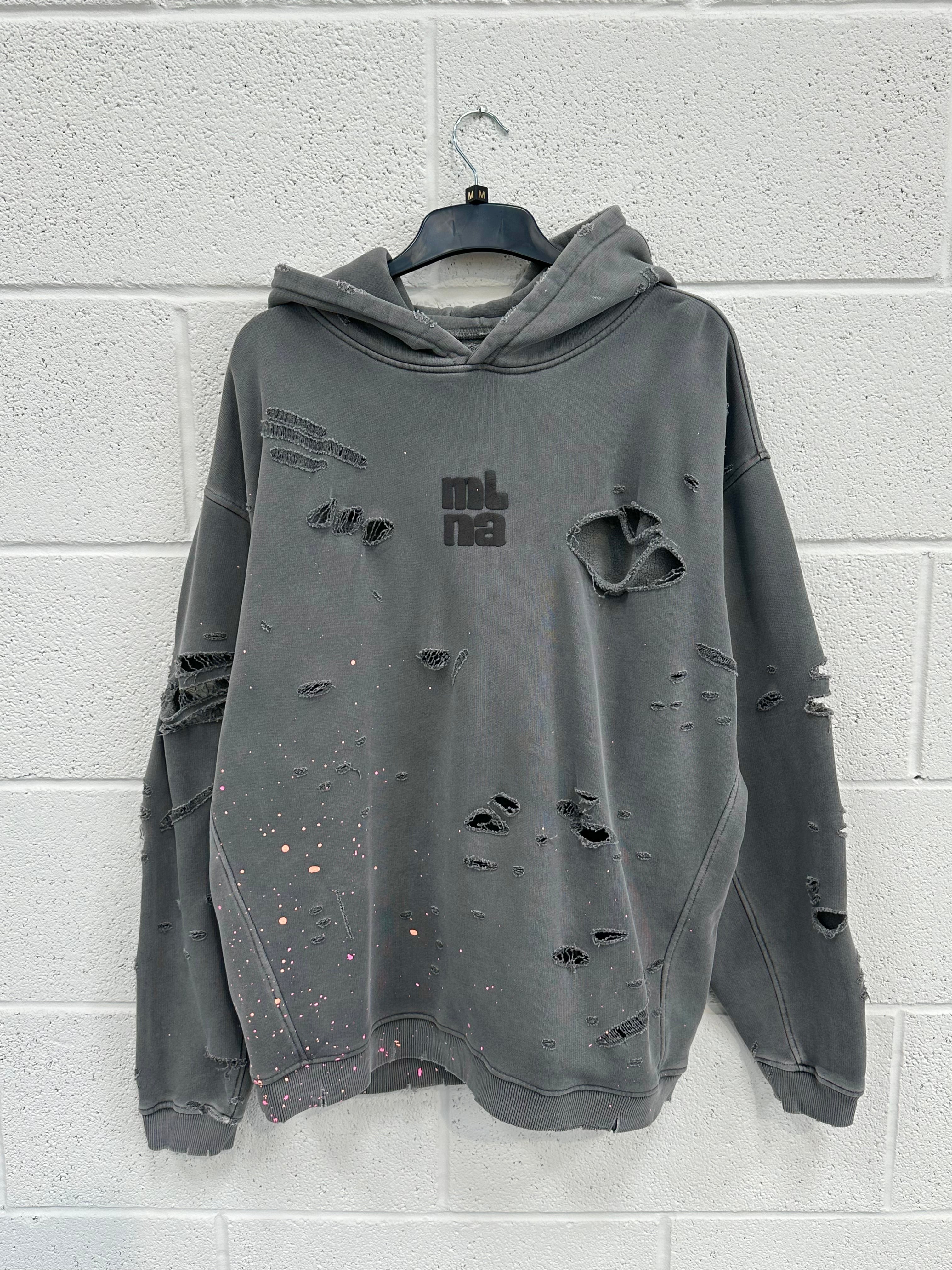 #A7 Washed Charcoal Distressed Bubble Splatter Heavyweight Hoodie.