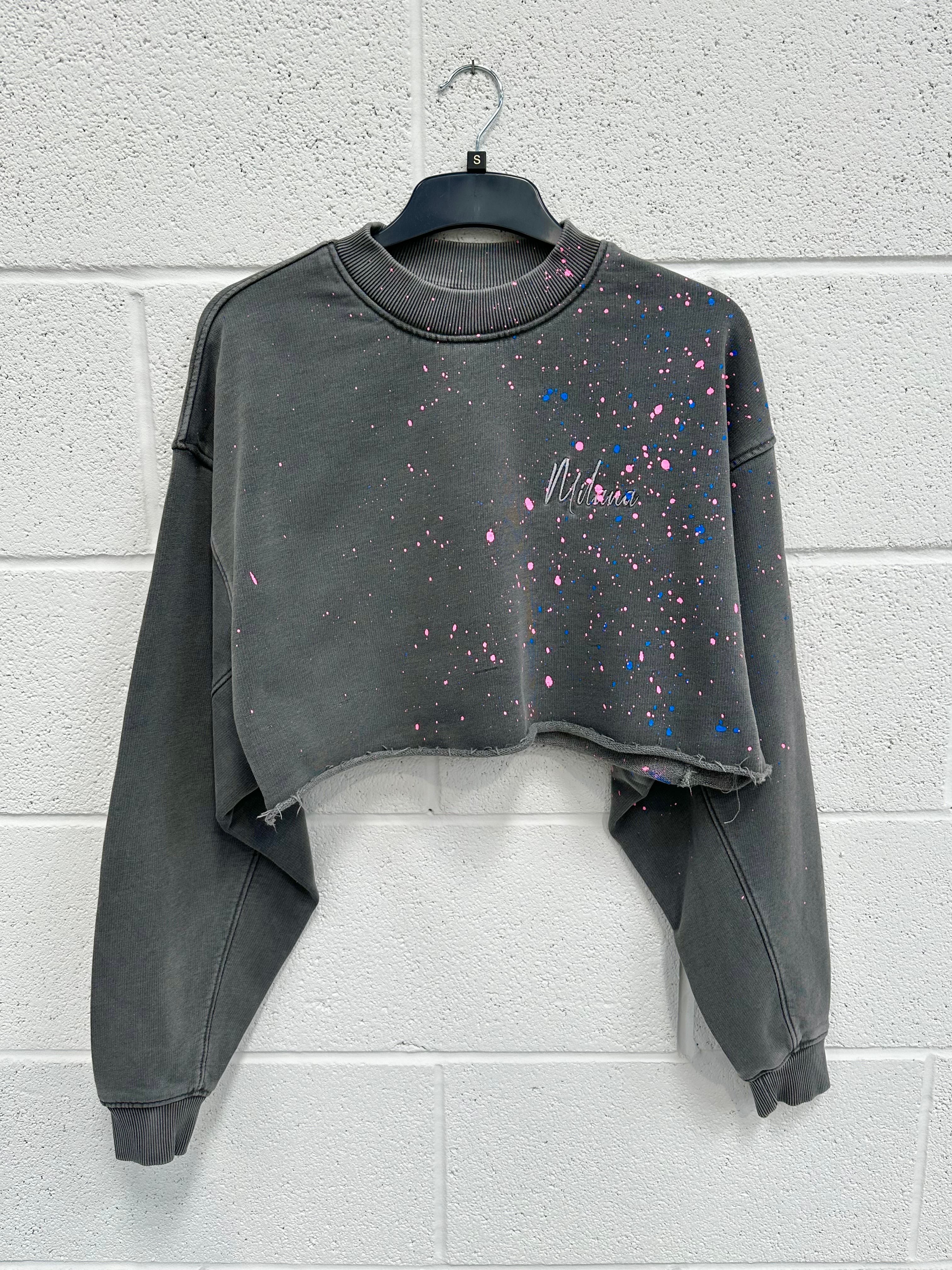 #L39 Washed Charcoal Splatter Cropped Heavyweight Sweatshirt.