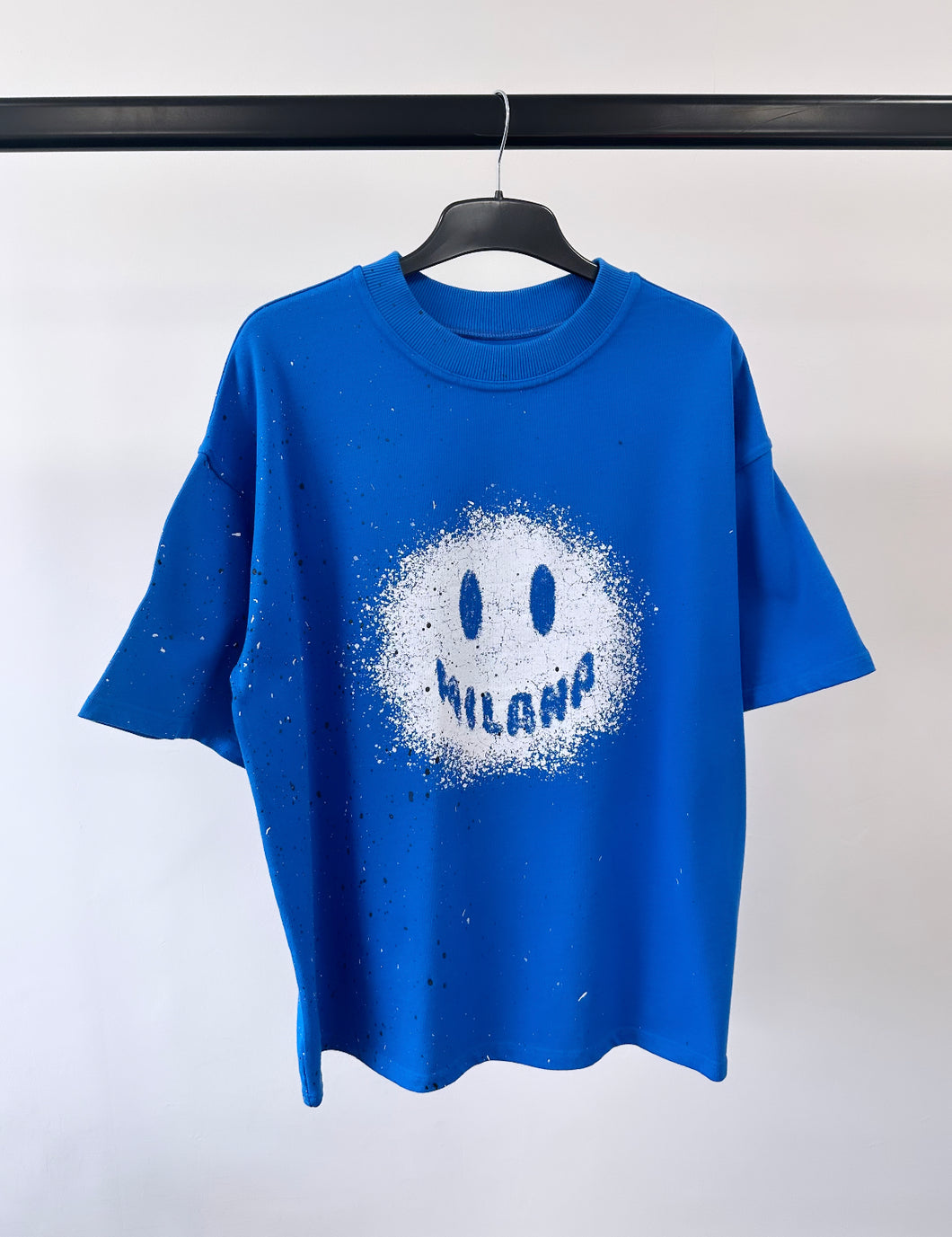 Cobalt Splatter Smiley Heavyweight T-shirt.