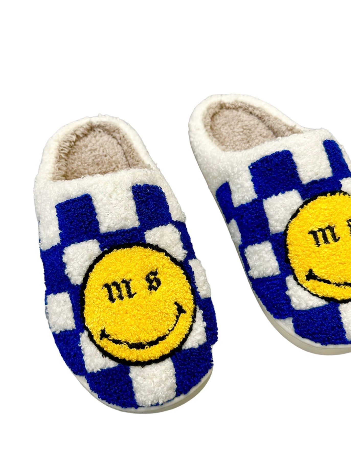 Cobalt Check Smiley slippers.