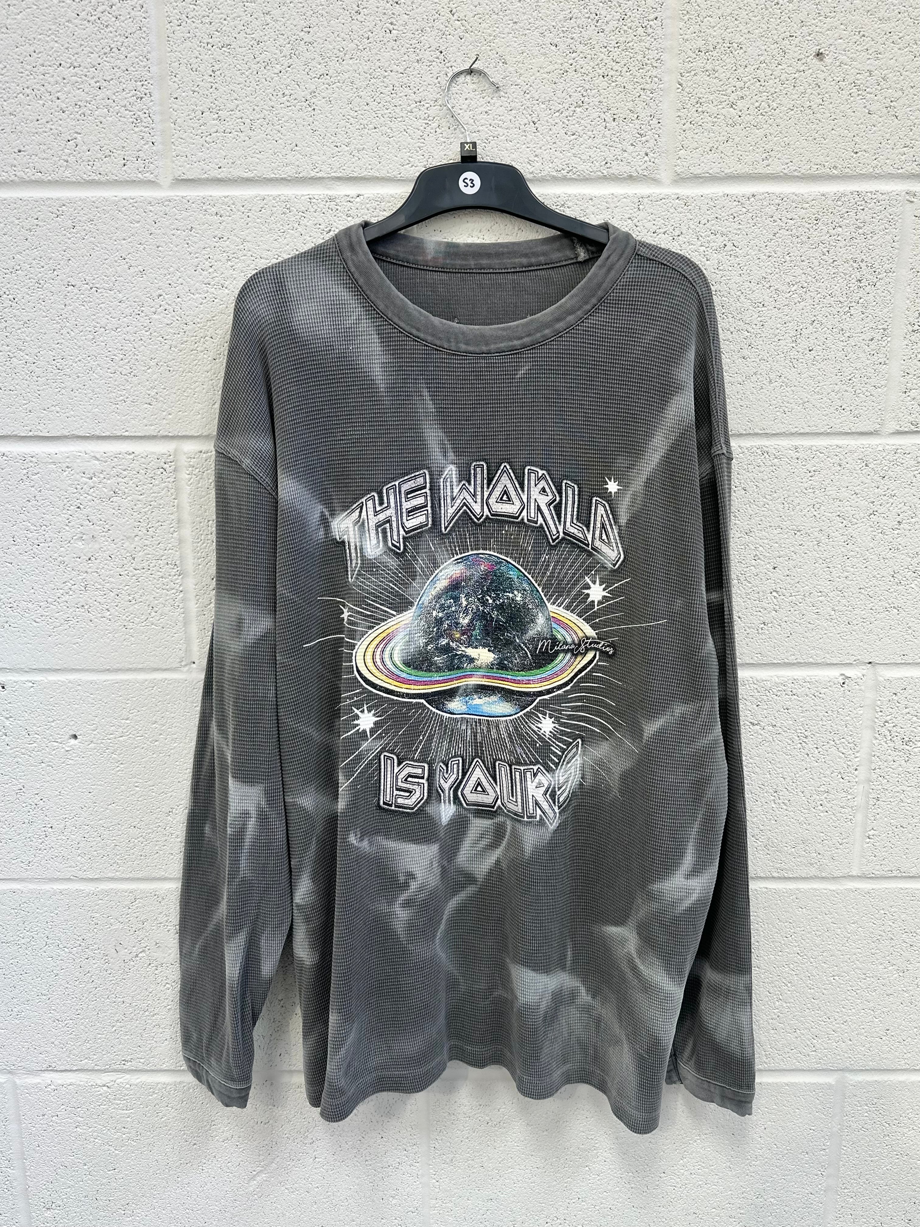 #S3 Washed Charcoal Planet Waffle Heavyweight Long Sleeve.