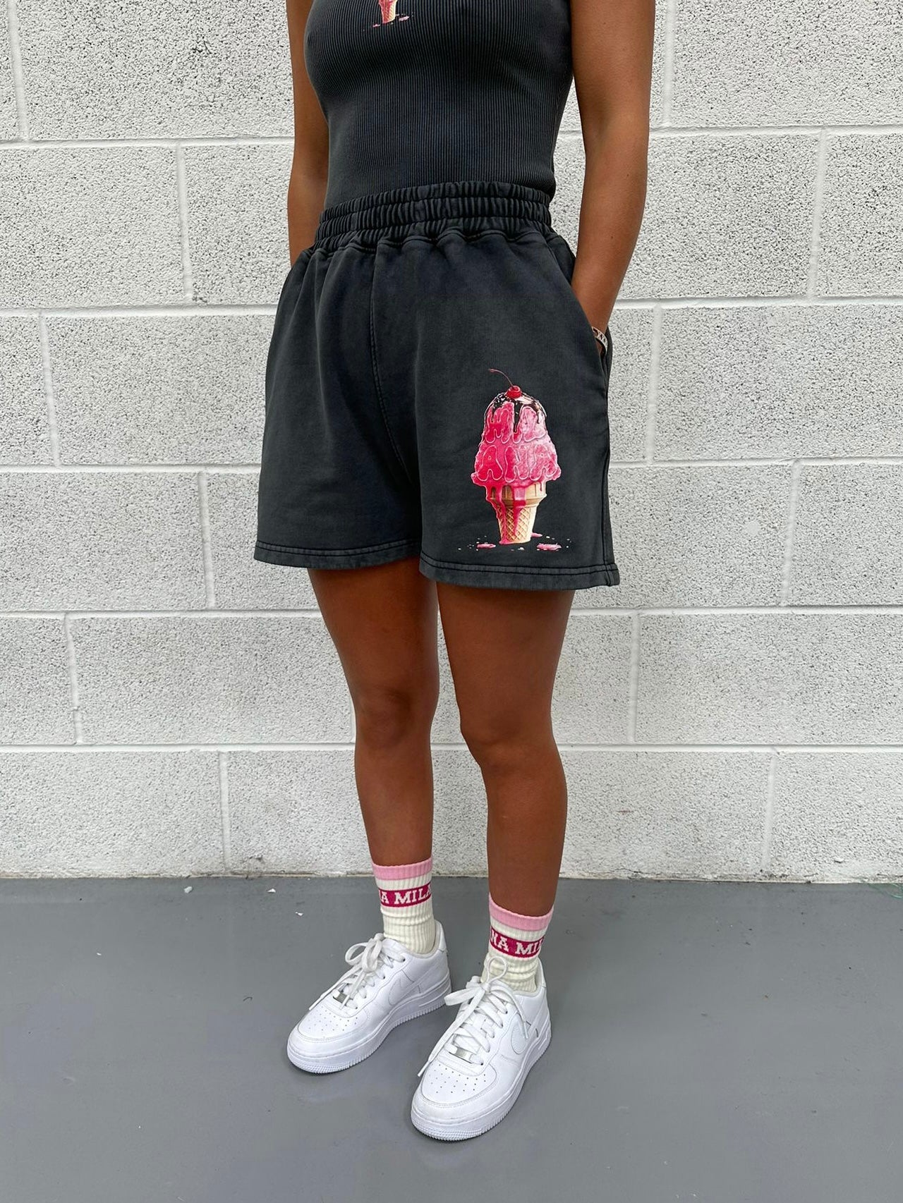 Washed Black Ice Cream Mini Shorts.