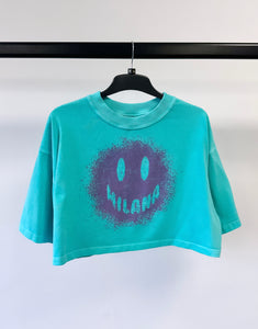 Washed Turquoise Smiley Cropped T-shirt.