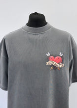 Load image into Gallery viewer, Washed Charcoal Heart Script Heavyweight T-shirt.