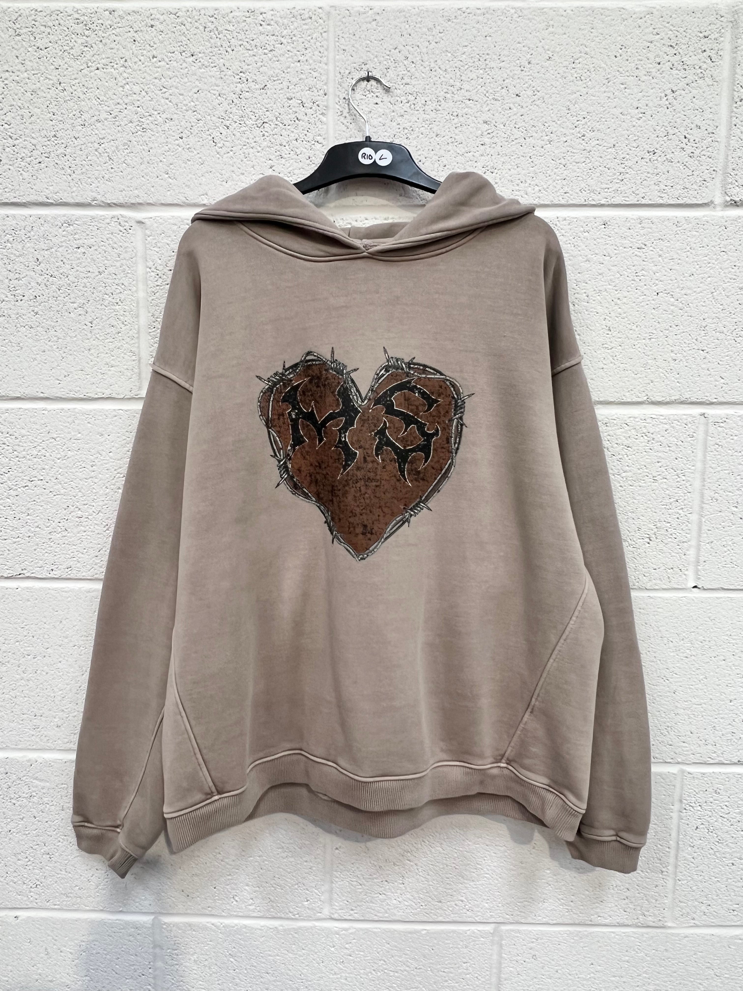 #R10 Washed Taupe Heart Heavyweight Hoodie.