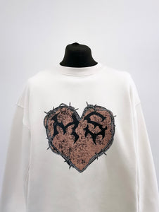 Cream MS Heart Heavyweight Open Hem Sweatshirt.