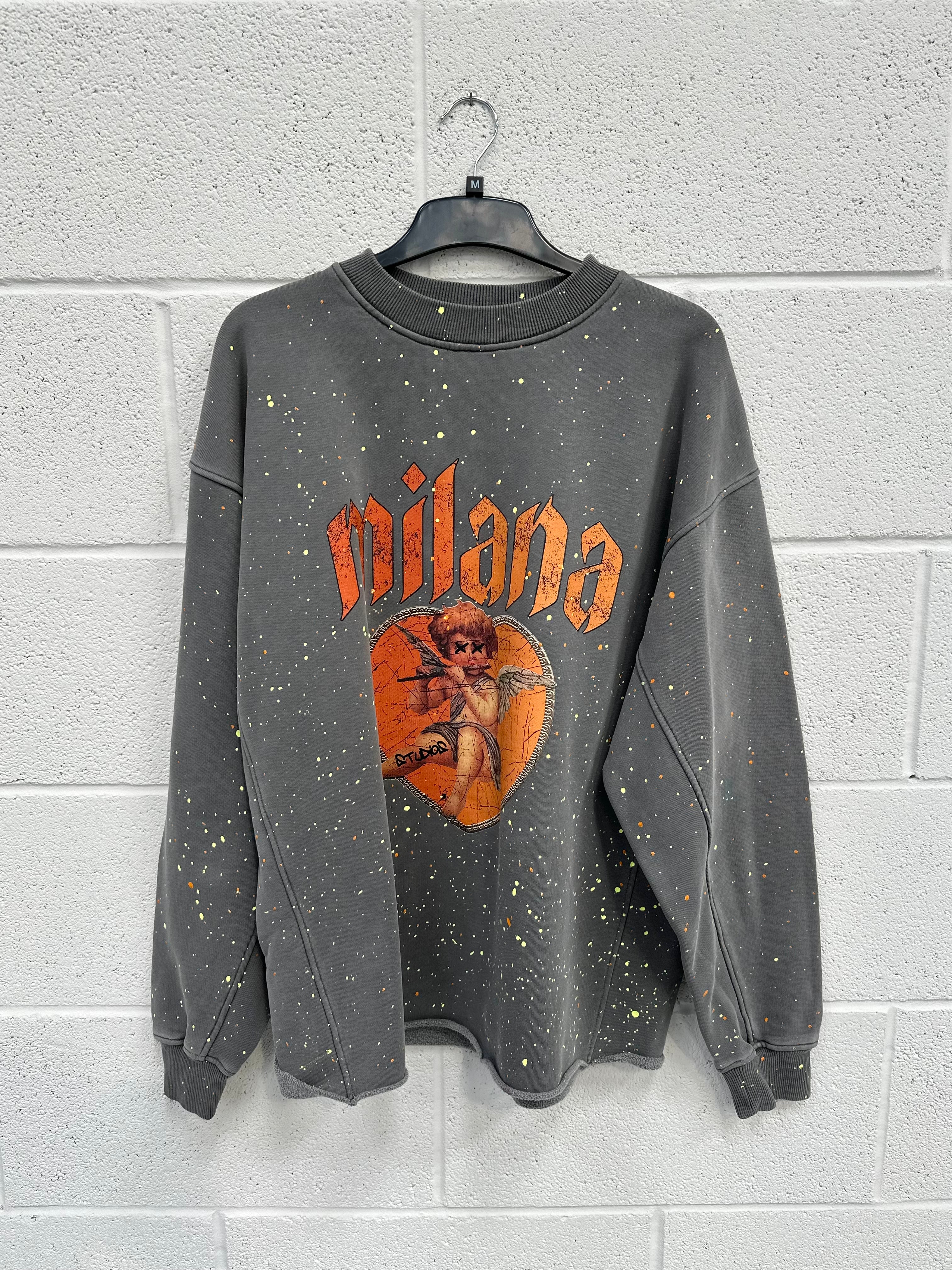 #L37 Washed Charcoal Cherub Splatter Heavyweight Sweatshirt.