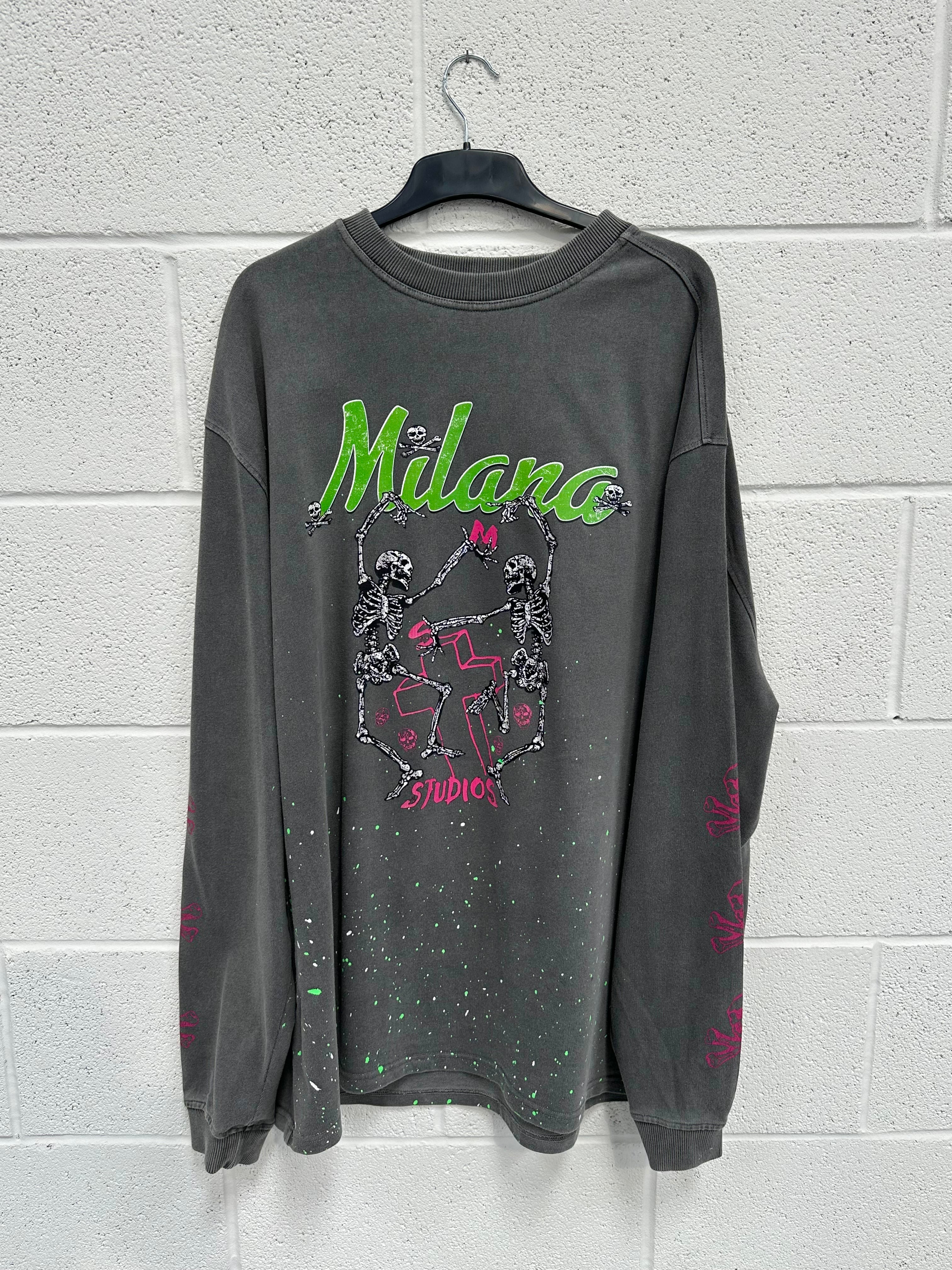 #L38 Washed Charcoal Skeleton Splatter Heavyweight Long Sleeve.