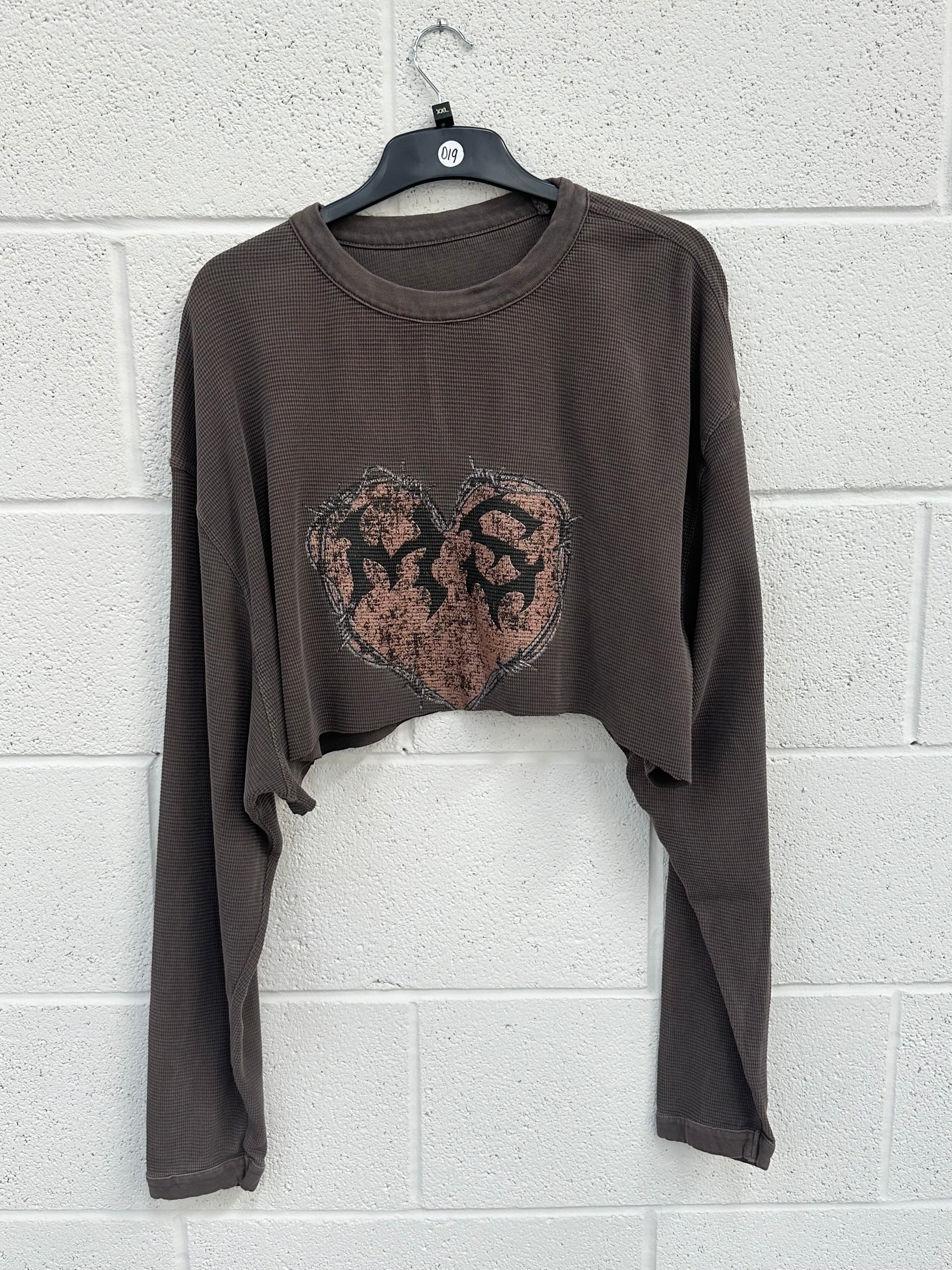 #D19 Washed Brown Cropped Heart Waffle Long Sleeve.