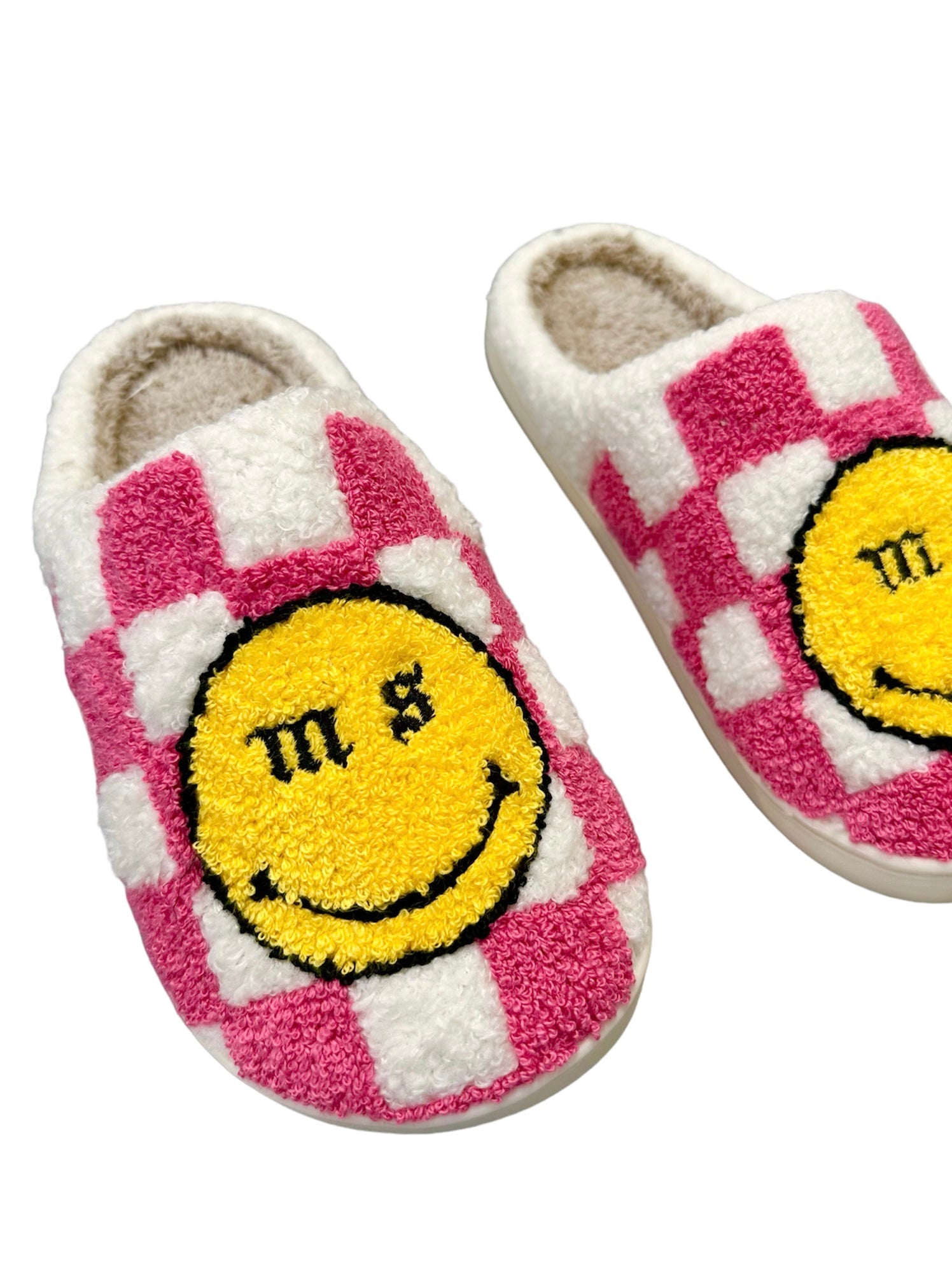 Pink Check Smiley slippers.