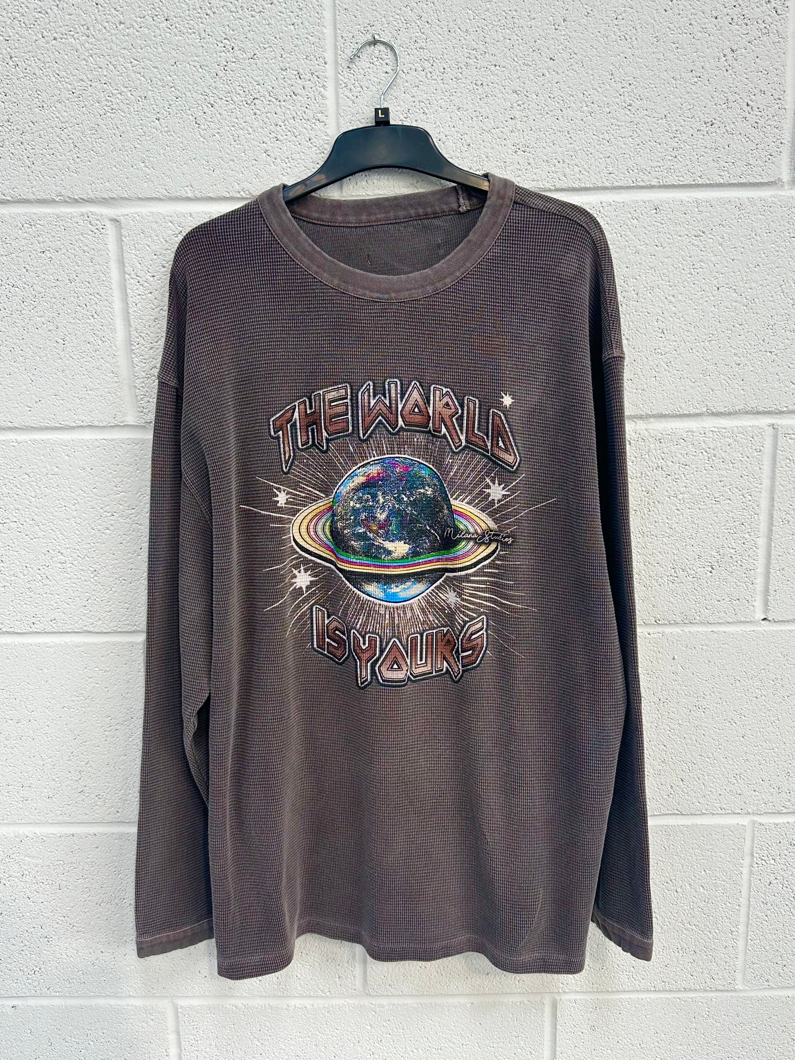 #D1 Washed Brown Planet Waffle Heavyweight Long Sleeve.