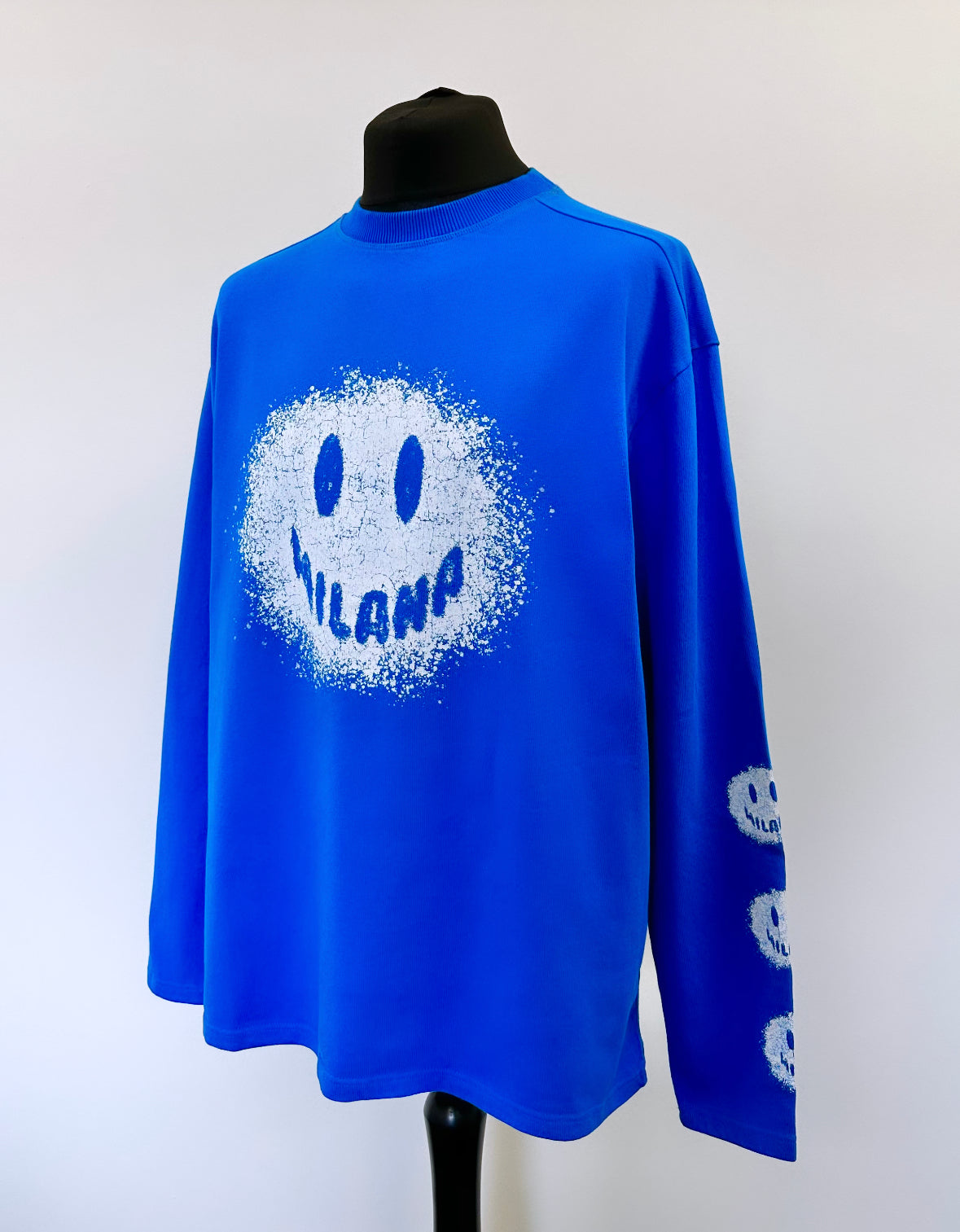 Cobalt Blue Splatter Smiley Heavyweight Long Sleeve T-shirt.