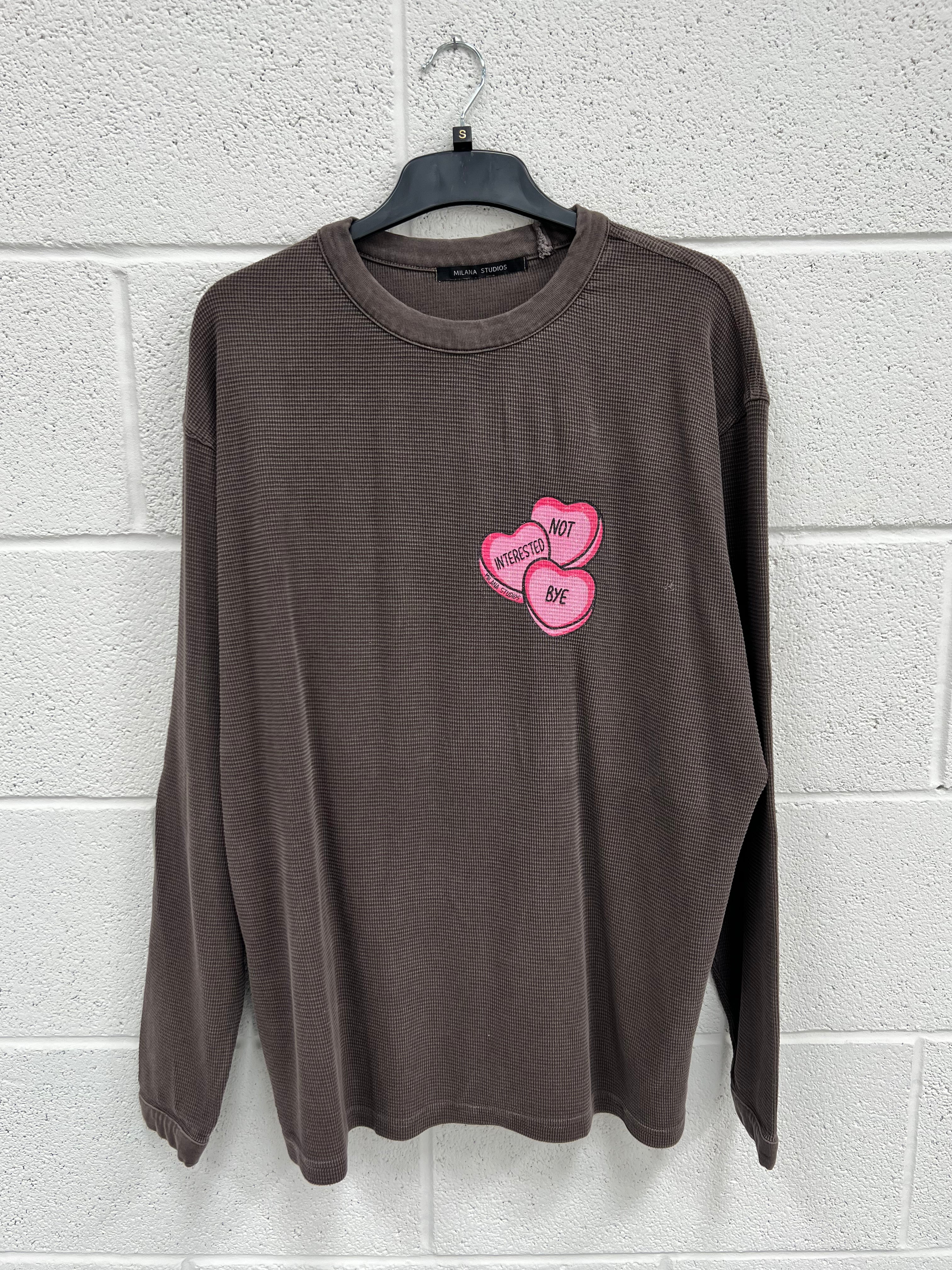 #B22 Washed Brown Hearts Waffle Heavyweight Long Sleeve.