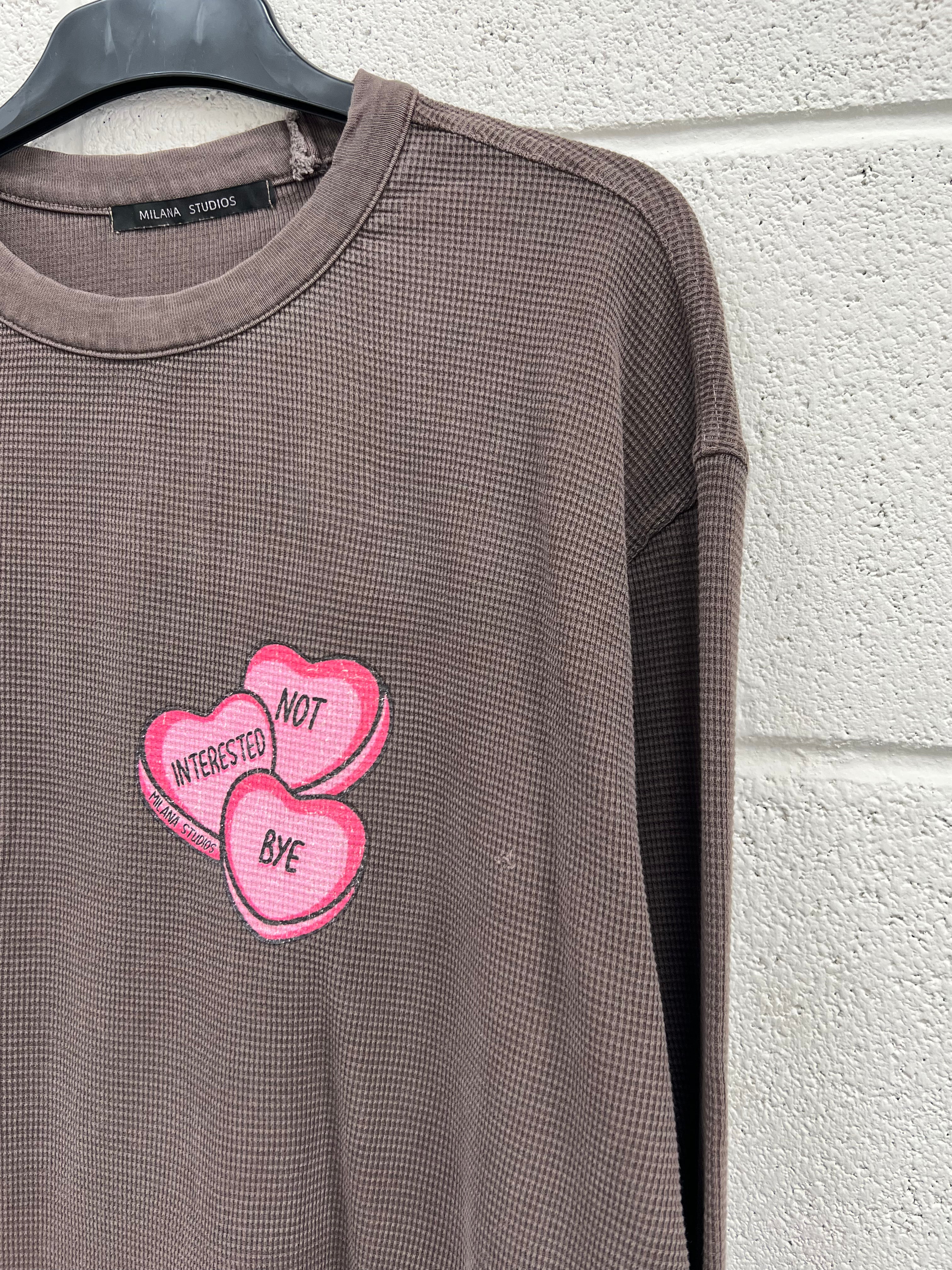 #B22 Washed Brown Hearts Waffle Heavyweight Long Sleeve.