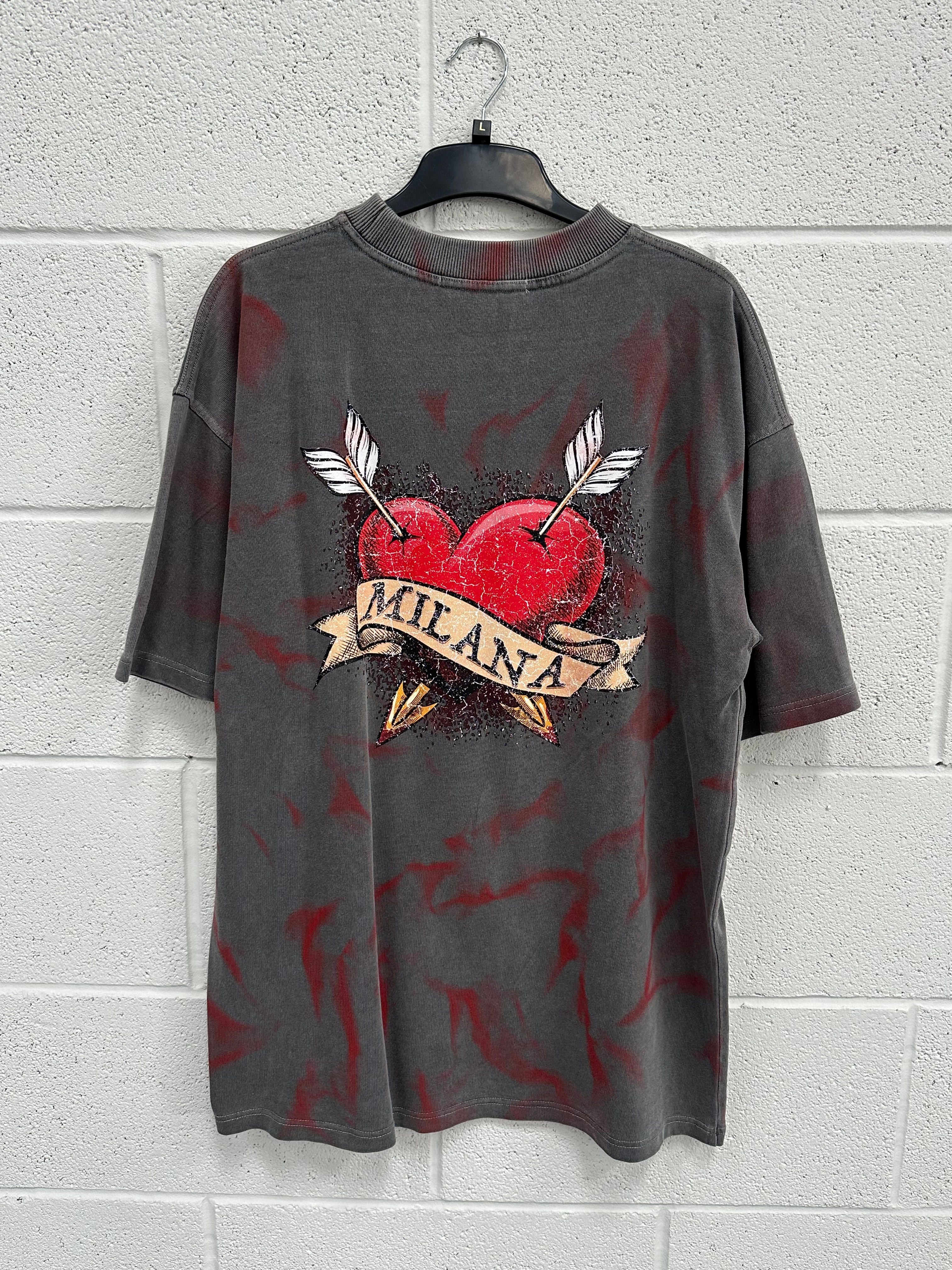 #B7 Washed Charcoal Heart Paint Effect Heavyweight T-shirt.