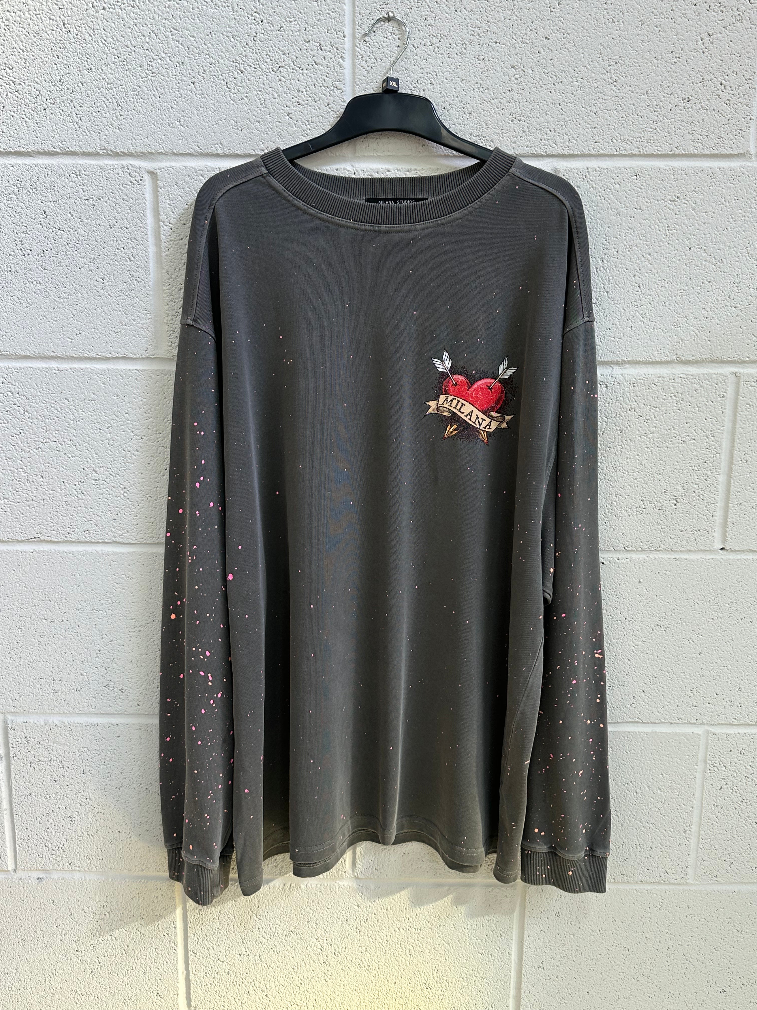 #E3 Washed Charcoal Heart Splatter Heavyweight Long Sleeve.