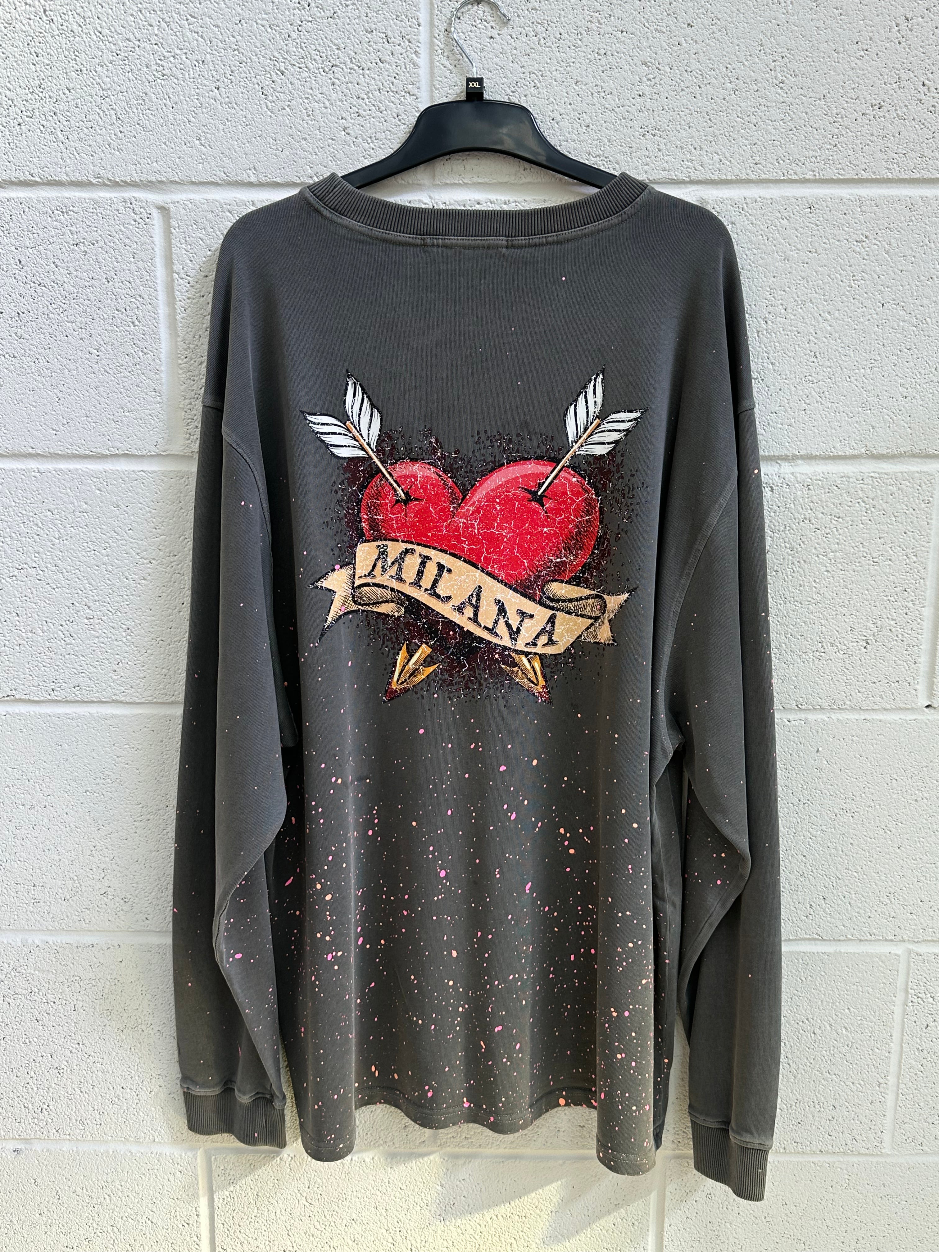 #E3 Washed Charcoal Heart Splatter Heavyweight Long Sleeve.