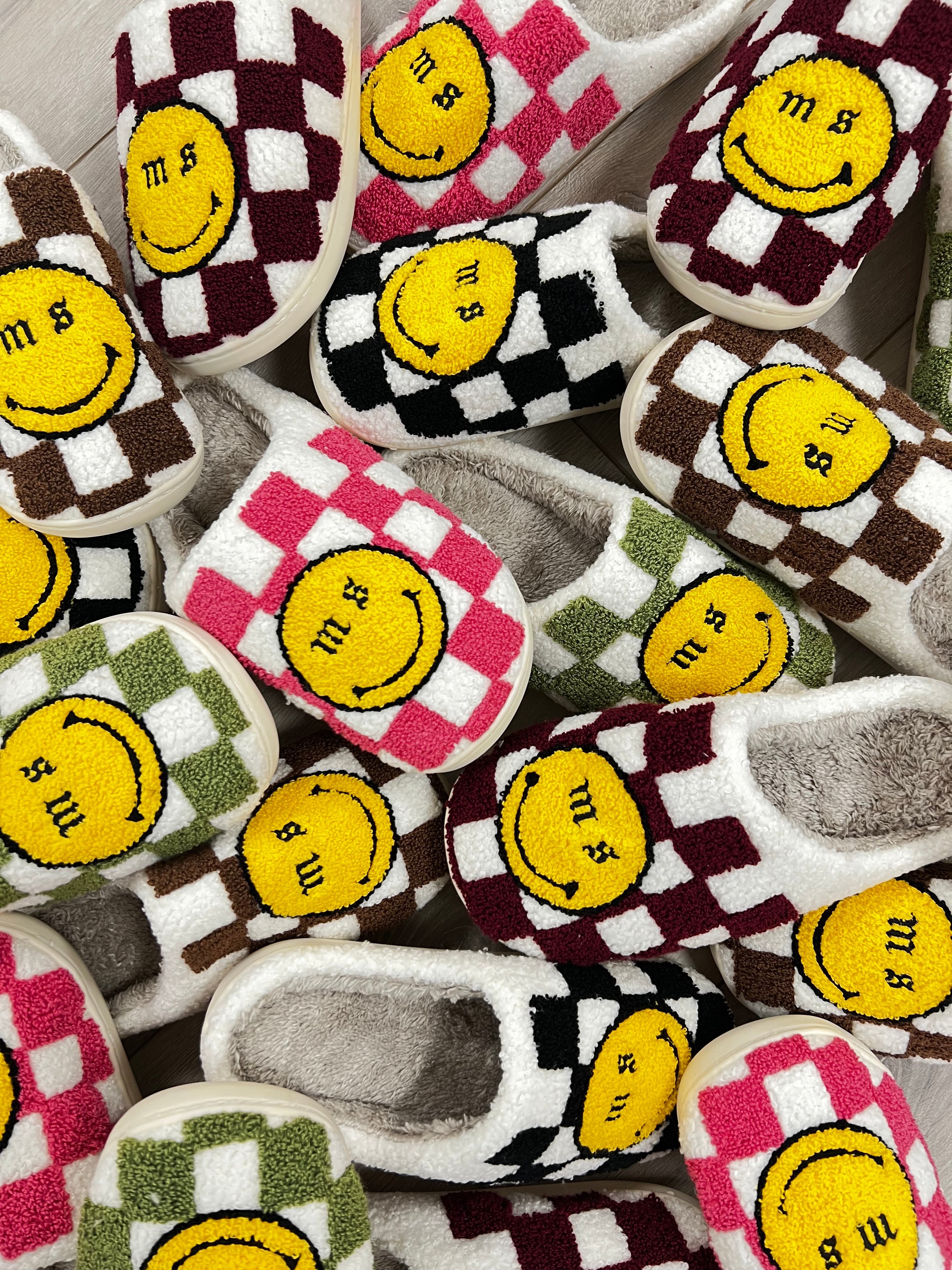 Burgundy Check Smiley Slippers.