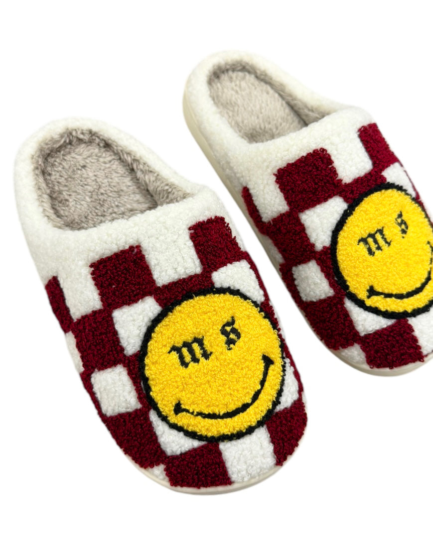 Burgundy Check Smiley Slippers.