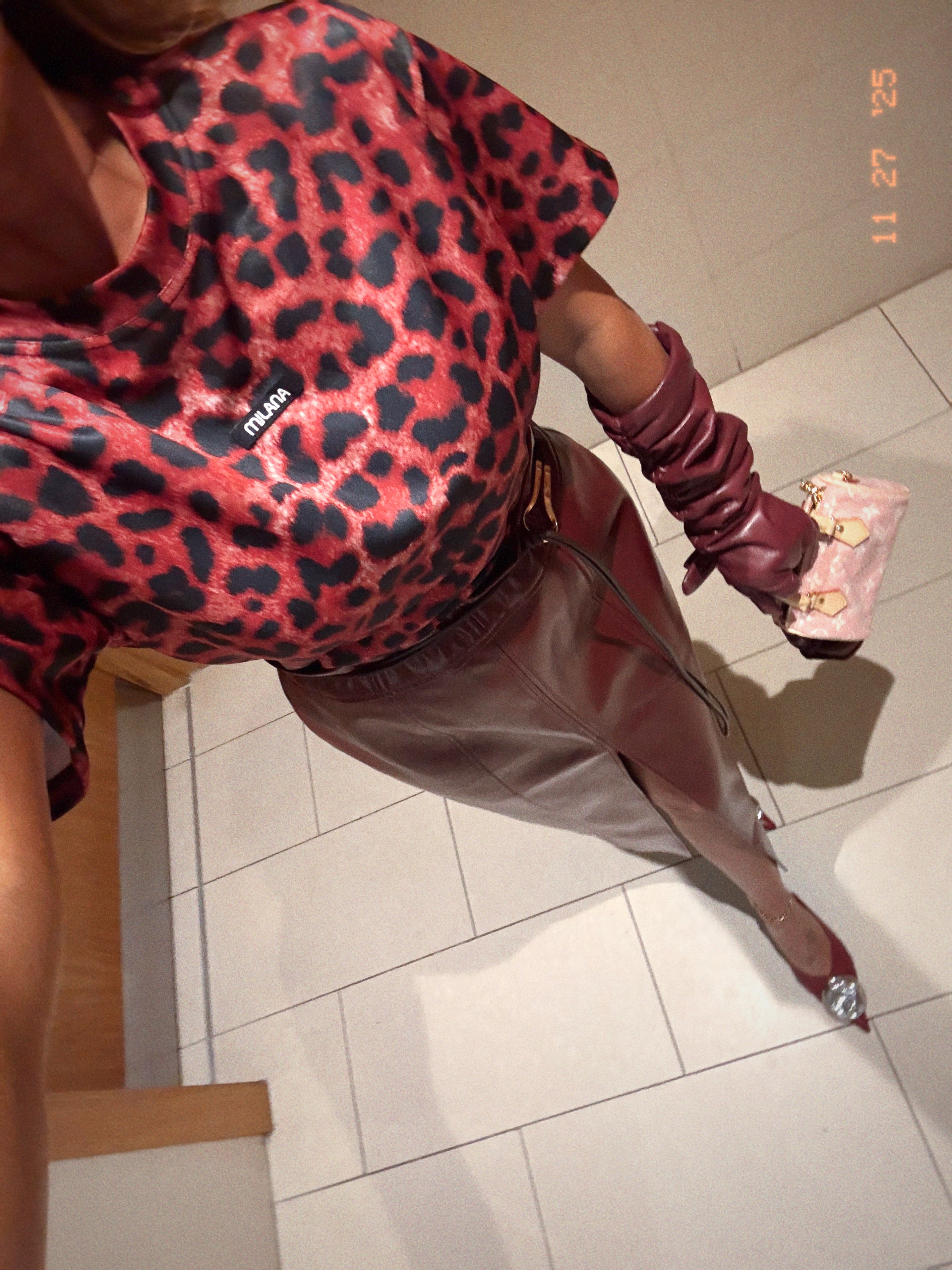 Burgundy Leopard Print Box T-shirt.