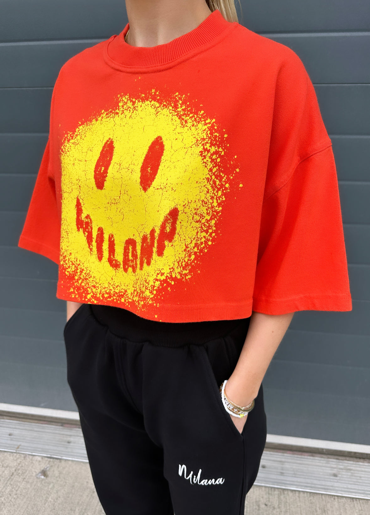 Red Splatter Smiley Cropped Heavyweight T-shirt.