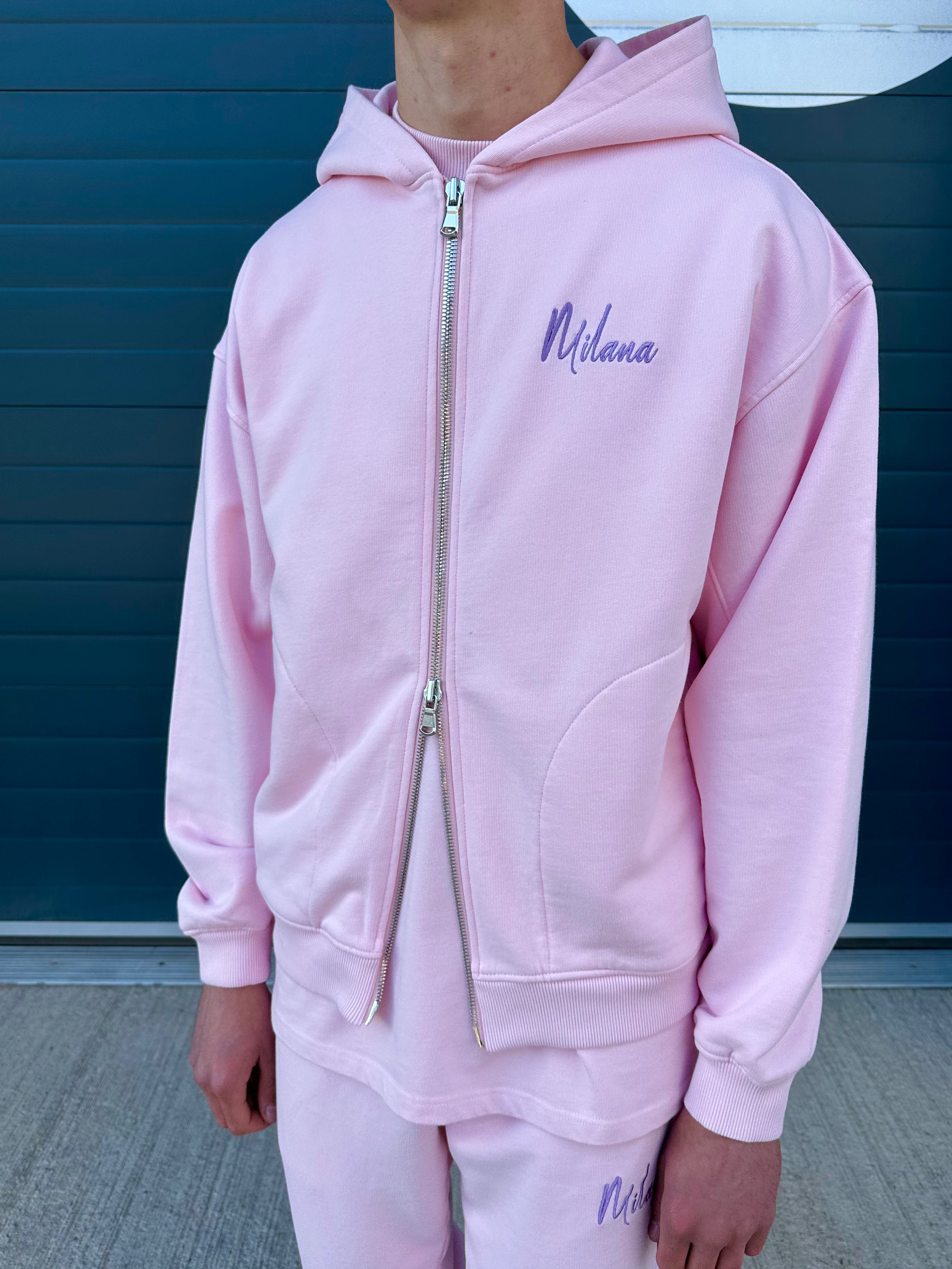 Pink zip front hoodie hotsell