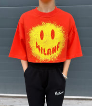 Load image into Gallery viewer, Red Splatter Smiley Cropped Heavyweight T-shirt.
